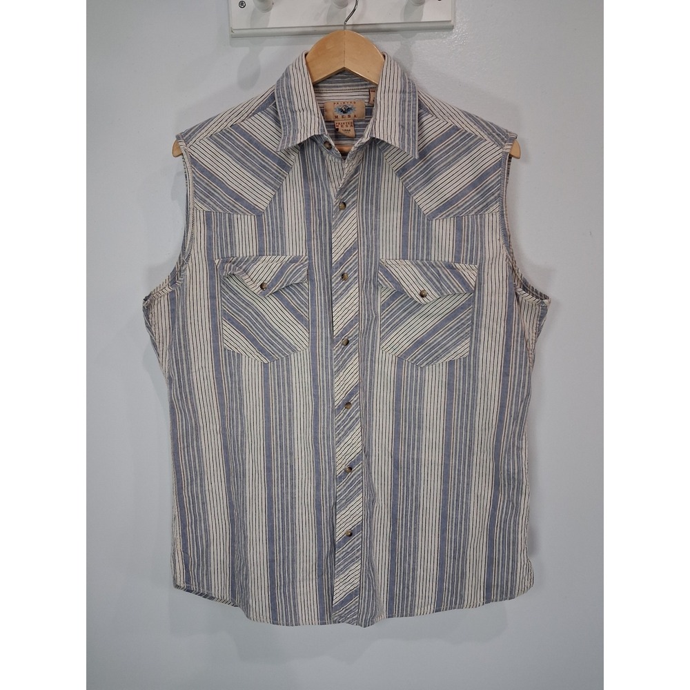 Painted Mesa Mens Large Blue Striped Sleeveless Western Button Up Shirt Cotton
